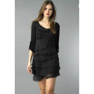 NWT Tempo Paris L Silk Tiered Stretch Dress Black Long Sleeve Black Frayed Knit
